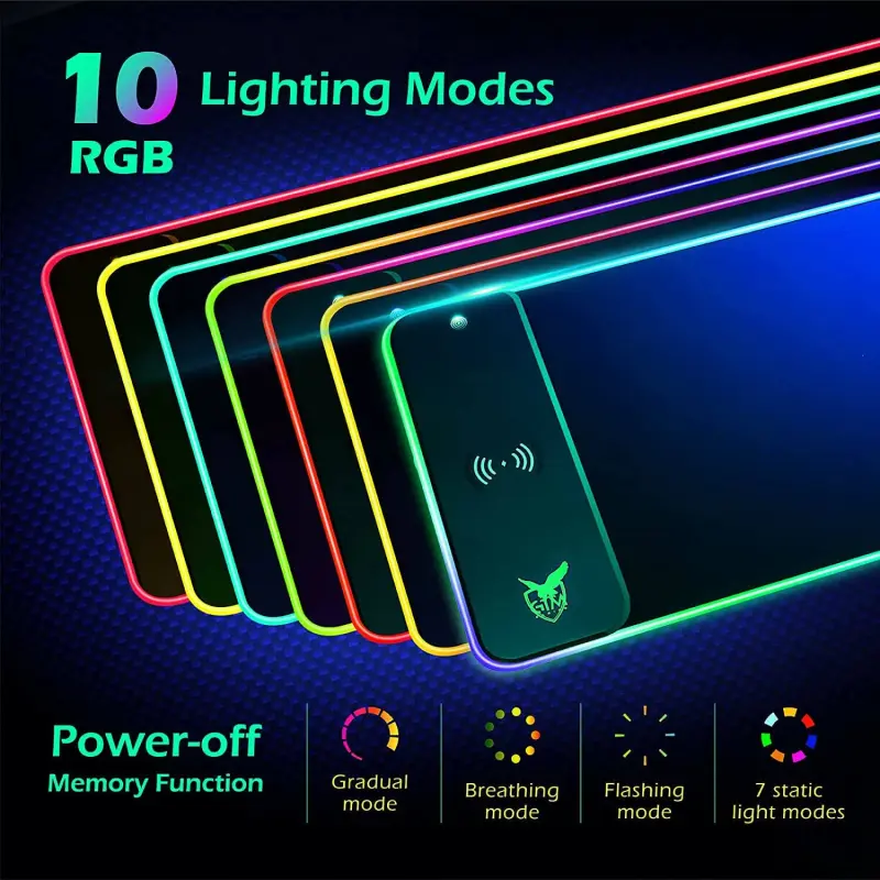 Wireless Charging RGB Gaming Mouse Pad 10W, GIM LED Mouse Mat 800x300x4MM, 10 Light Modes Extra Large Mousepad Non-Slip Rubber Base Computer Keyboard