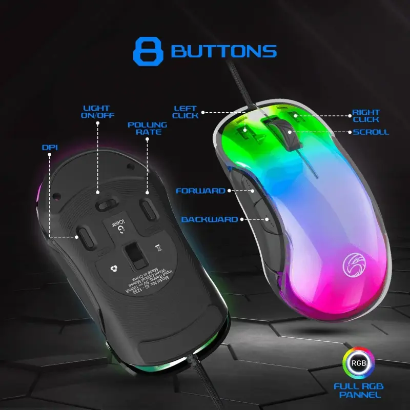 Igear Hawk Wired Gaming Mouse With Customizable Rgb Lights, 8 Buttons, Transparent Top Wired Optical Gaming Mouse